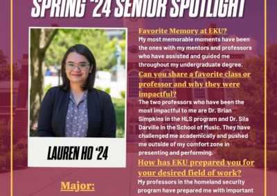 2024 Senior Spotlight depicts a senior's headshot and insights about their time at EKU as quotes to the right