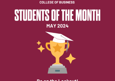 EKU College of Business Students of the Month template with a trophy and a graduation cap