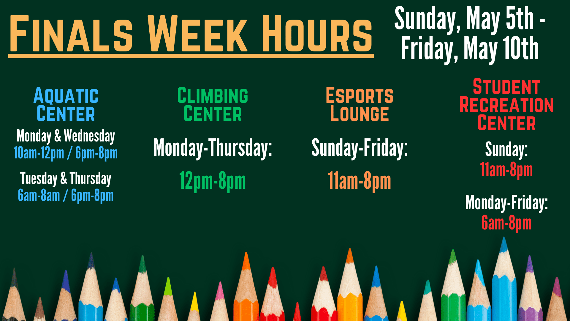 Schedule of campus rec hours during finals week