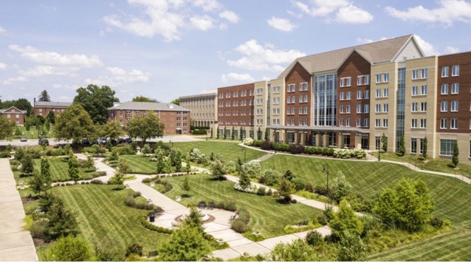 the Eastern Kentucky University campus with a view of Carloftis Garden