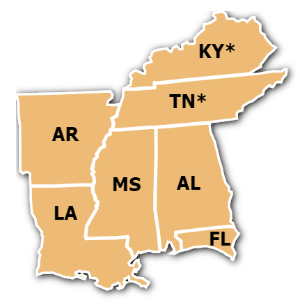 a map showing Kentucky, Tennessee, Arkansas, Louisiana, Mississippi, Alabama, and Florida