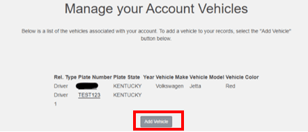 An image highlighting the Add Vehicle button on Eastern Kentucky University's Parking Portal website.
