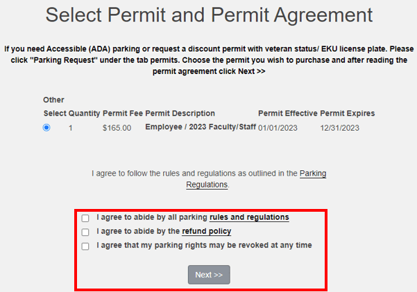 An image highlighting the three terms you must agree to in Eastern Kentucky University's Parking Portal website.