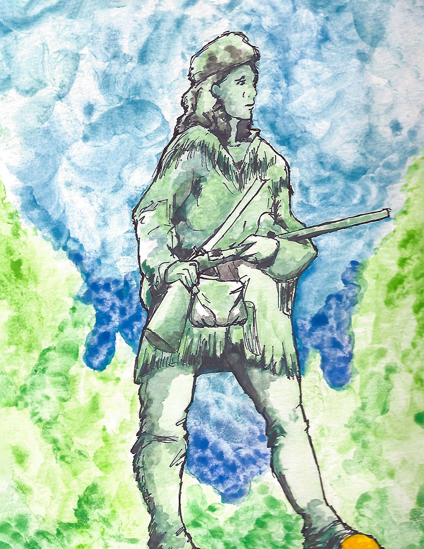 Multi color of blues and greens watercolor of Daniel Boone statue