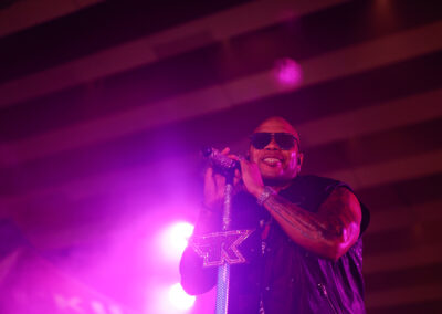 Flo Rida smiling and performing at in the dark at mic stand with purple back lighting at the outdoor concert