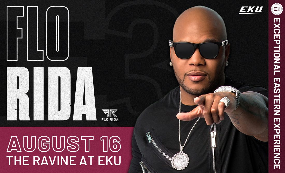Promotional image for Flo Rida concert at EKU on August 16th at the Ravine 