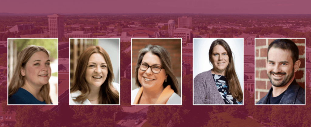 All five winners' pictures in boxes with maroon tinted photo of EKU's campus behind.