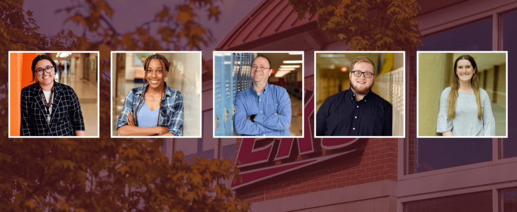 Five EKU students in individual photos leaning on lockers and walls.