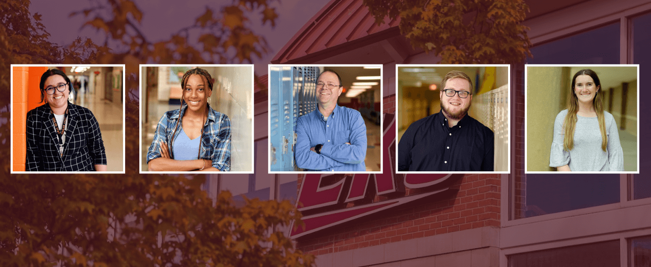 Five EKU students in individual photos leaning on lockers and walls.