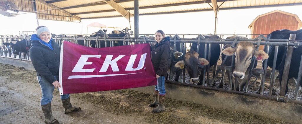 Two female agriculture students stand in front of dairy cows in the barn with an EKU flag.