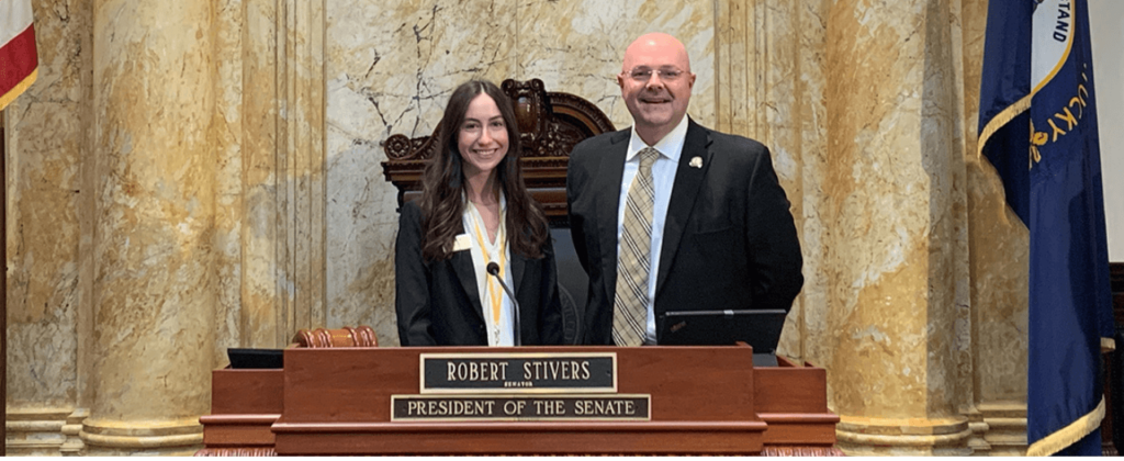 EKU student Jessica Overbay and Senator Brandon Storm at the Kentucky capital.