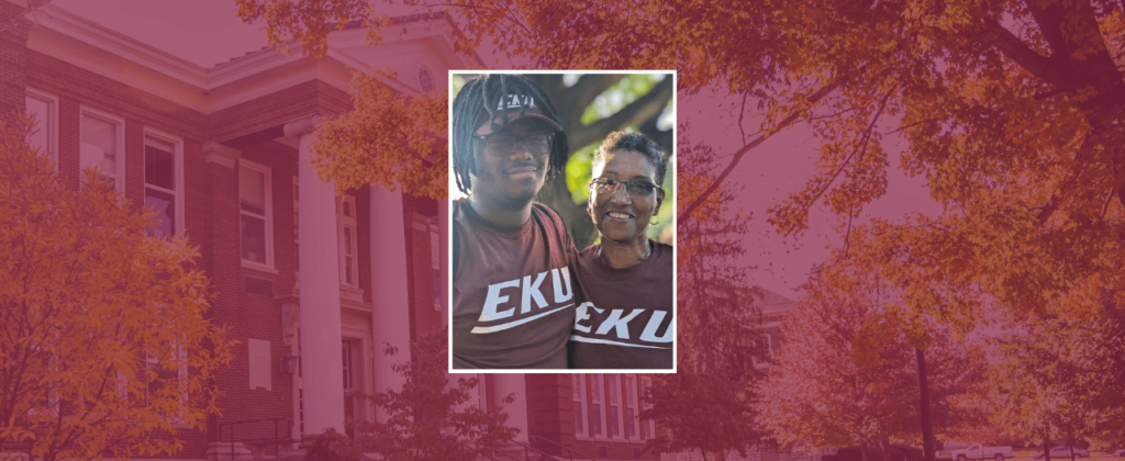 Kim Hatley and her son Caleb, an EKU student, wear matching EKU t-shirts and embrace.