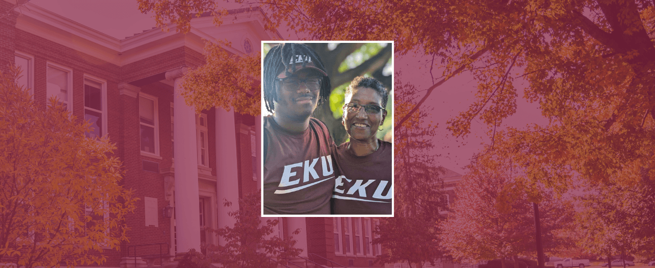 Kim Hatley and her son Caleb, an EKU student, wear matching EKU t-shirts and embrace.