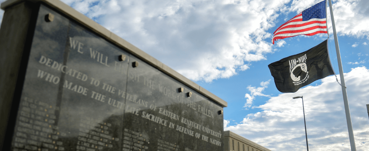 An upward view of EKU's new Veterans Memorial in the Carloftis Gardens