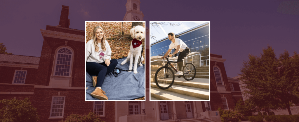 EKU student, Emily Stacy, poses with her dog in the ravine, and EKU student Nathan Neal rides his bike on campus.