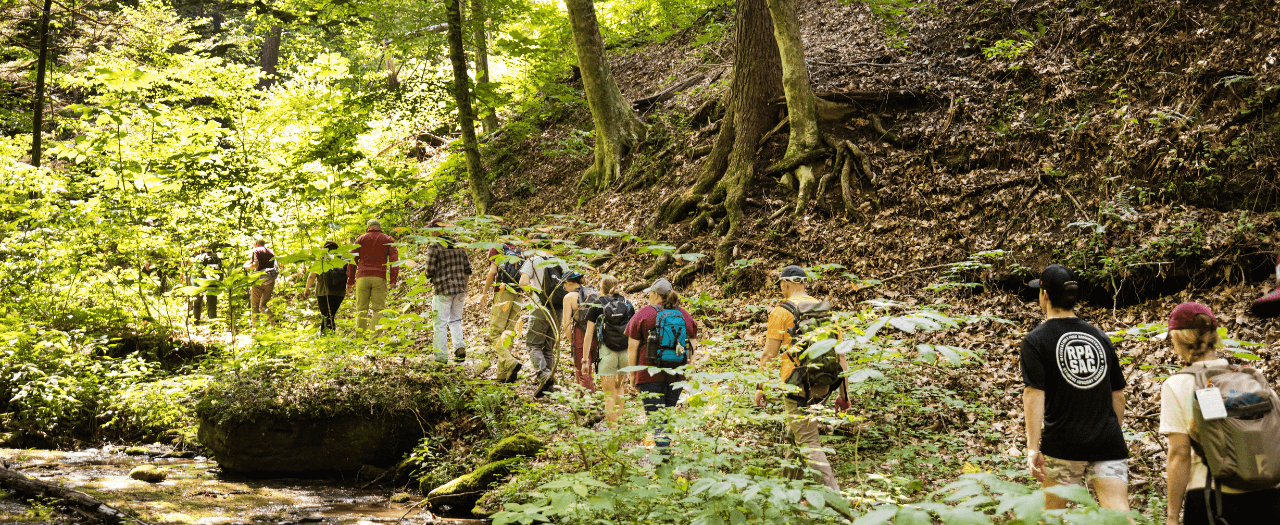 A large team of EKU STEM interns trek through the forest