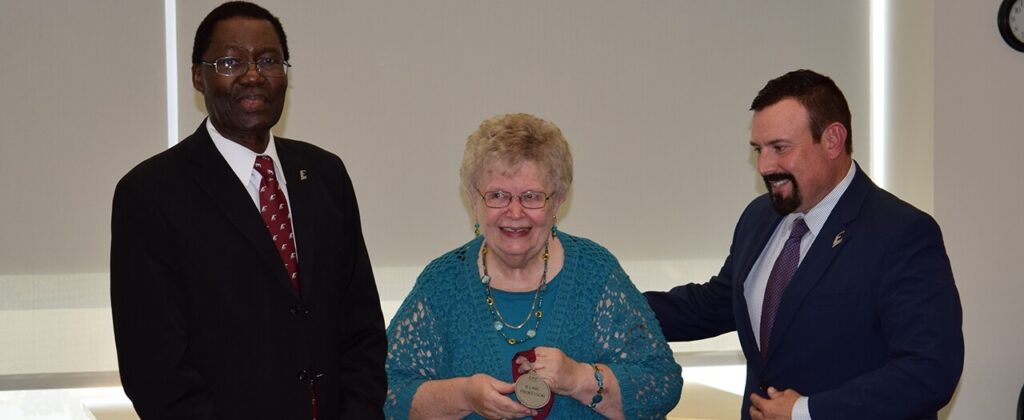 STEM Dean, Dr. Tom Otieno and EKU President David McFaddin present Dr. Barbara Ramey with an award.