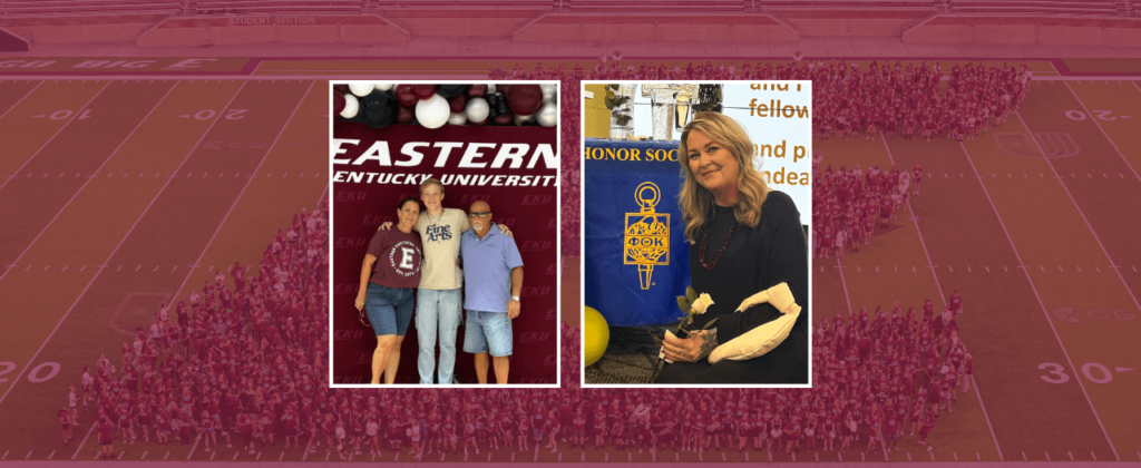 Individual photos of Hunter Rosenbaum and family and Faith Santini, on a maroon background.