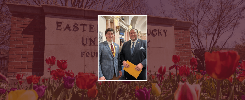 EKU political science student Jeffrey bates and State Representative Patrick Flannery in the rotunda at the Kentucky capitol building.