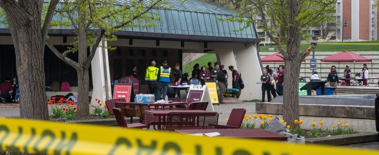 EKU students perform mock emergency exercise in the Powell Plaza on campus.