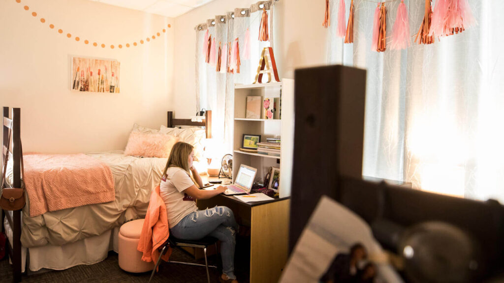 a student uses a laptop at a desk by a bed and windows in a shared room in South Hall