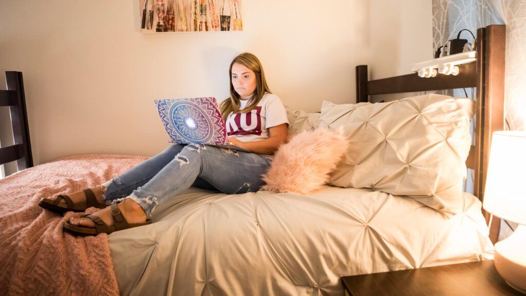 a student uses a laptop on a bed by a window in a shared room in South Hall