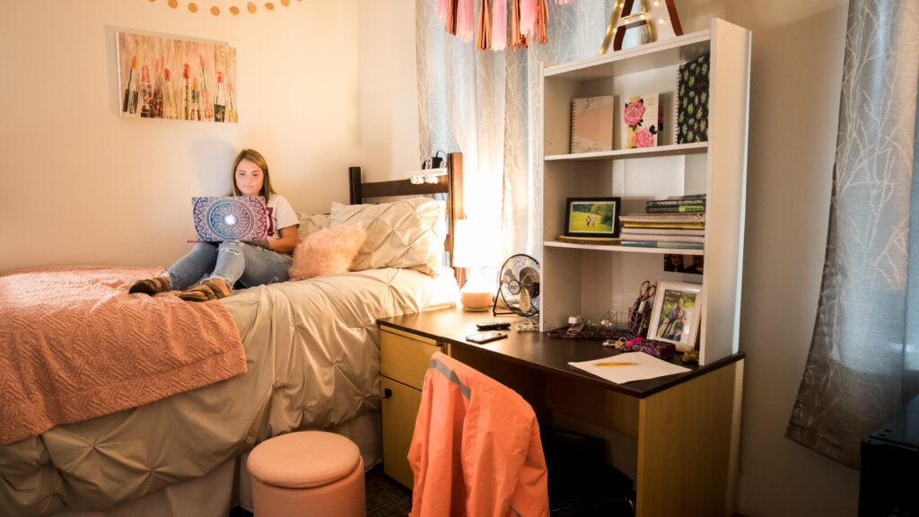 a student sits on a bed beside a desk with shelves and windows in a shared room in South Hall