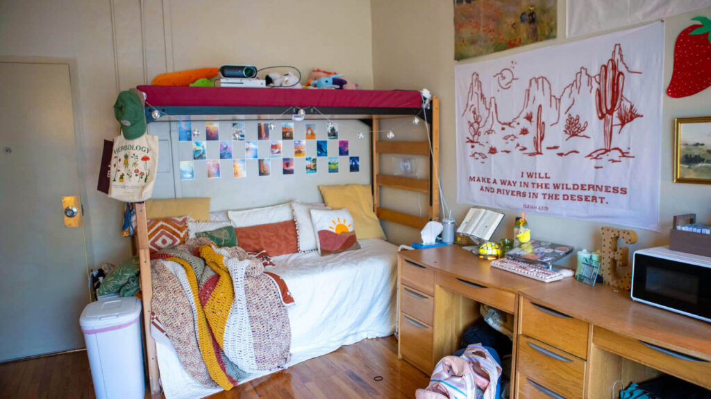 a bunk style bed beside cabinets in a shared room in Sullivan Hall