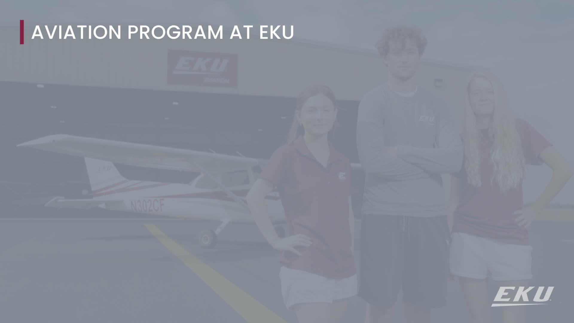 text that says aviation program at EKU with an image of students posing in front of a plane at the EKU Aviation hangar