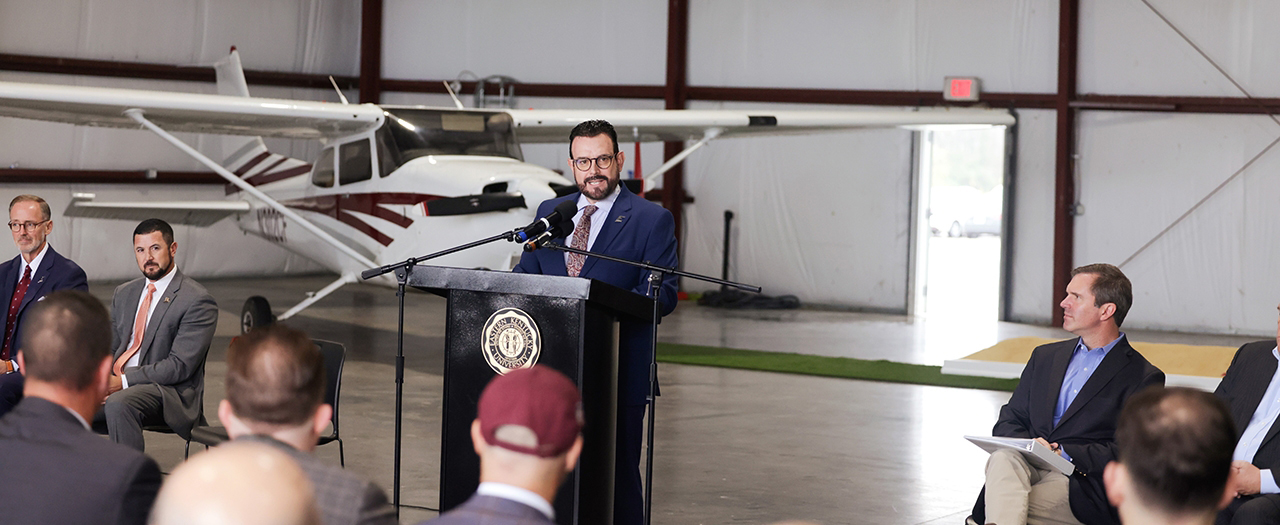 EKU President David McFaddin speaking at EKU's Flight Training Center Conference.